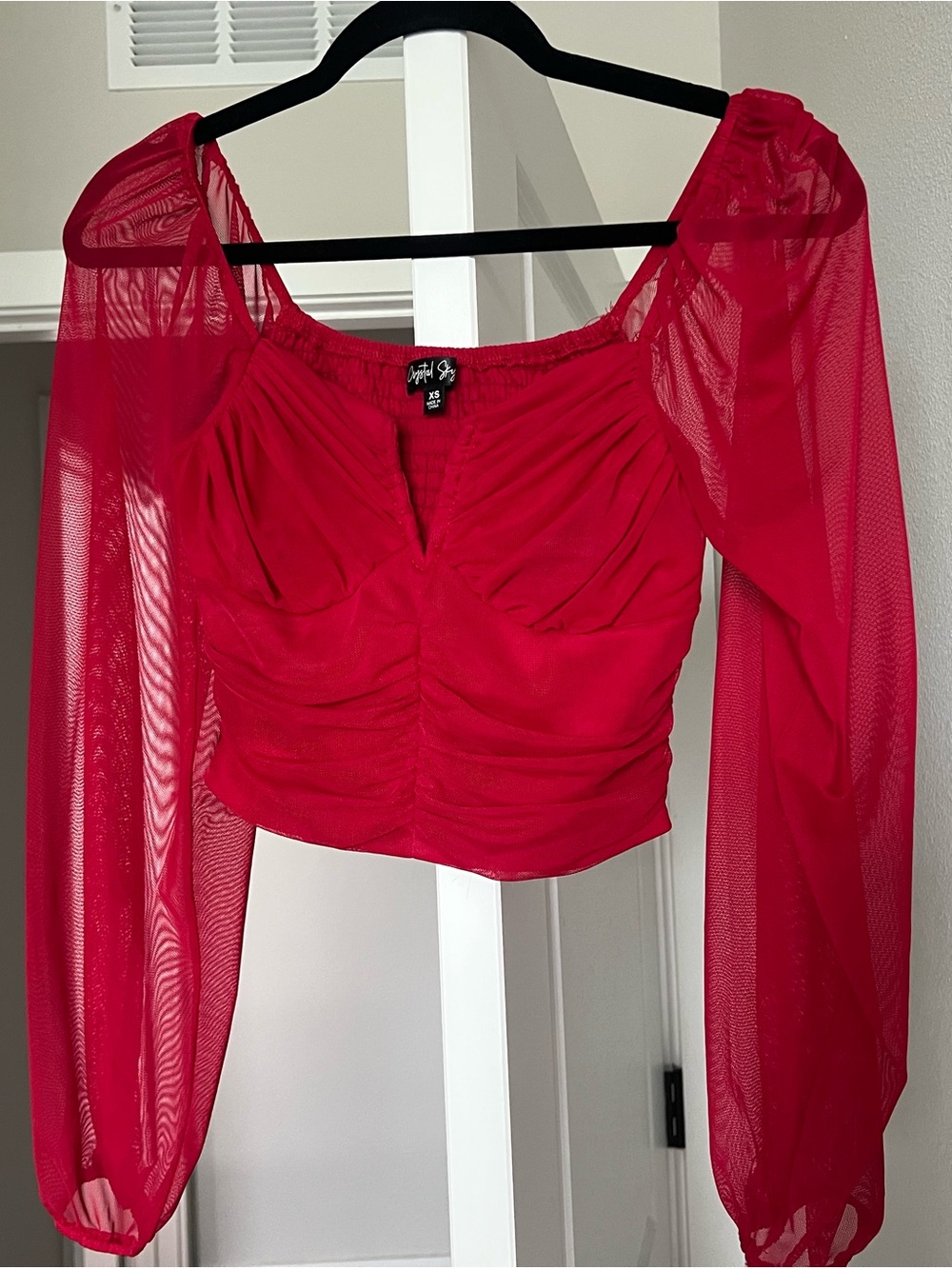 Bright Red Ruched Mesh Crop Top - Picture 5 of 5